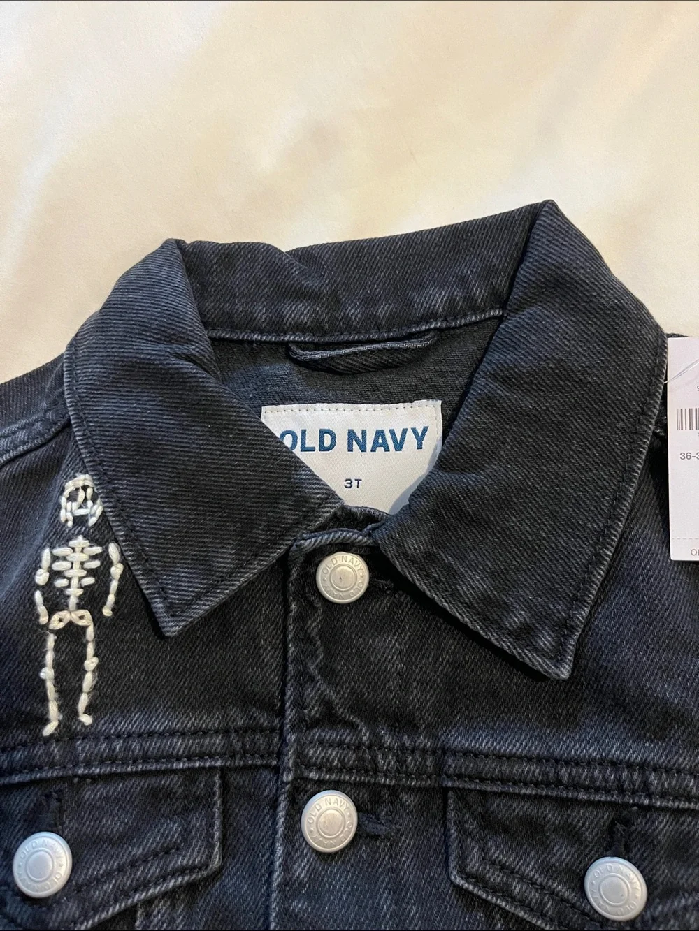 NWT Old Navy Black Denim Kids Jacket with White Skeleton Embroidery